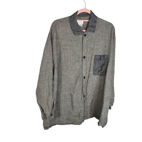 Vtg 90s Flax By Angelheart Striped Linen Button Down Lagenlook Shirt - Picture 1 of 11